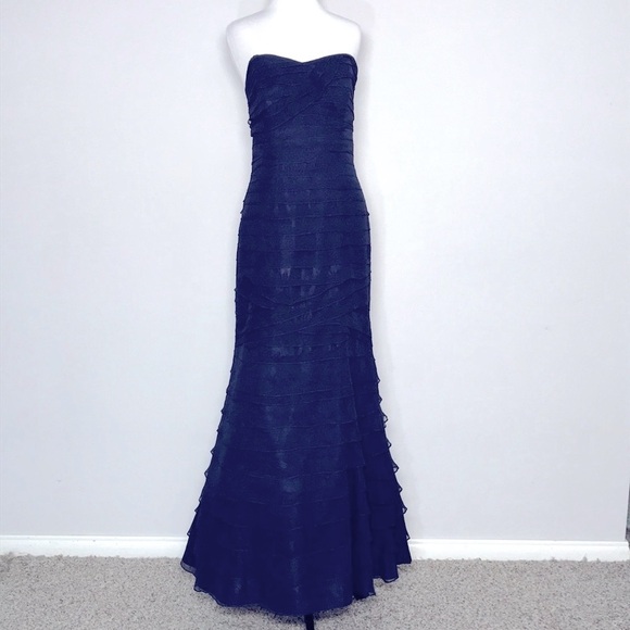 CM Couture Women’s Elegant Navy Blue Silk Tiered Trumpet Maxi Gown Dress Size 6 - Picture 1 of 9